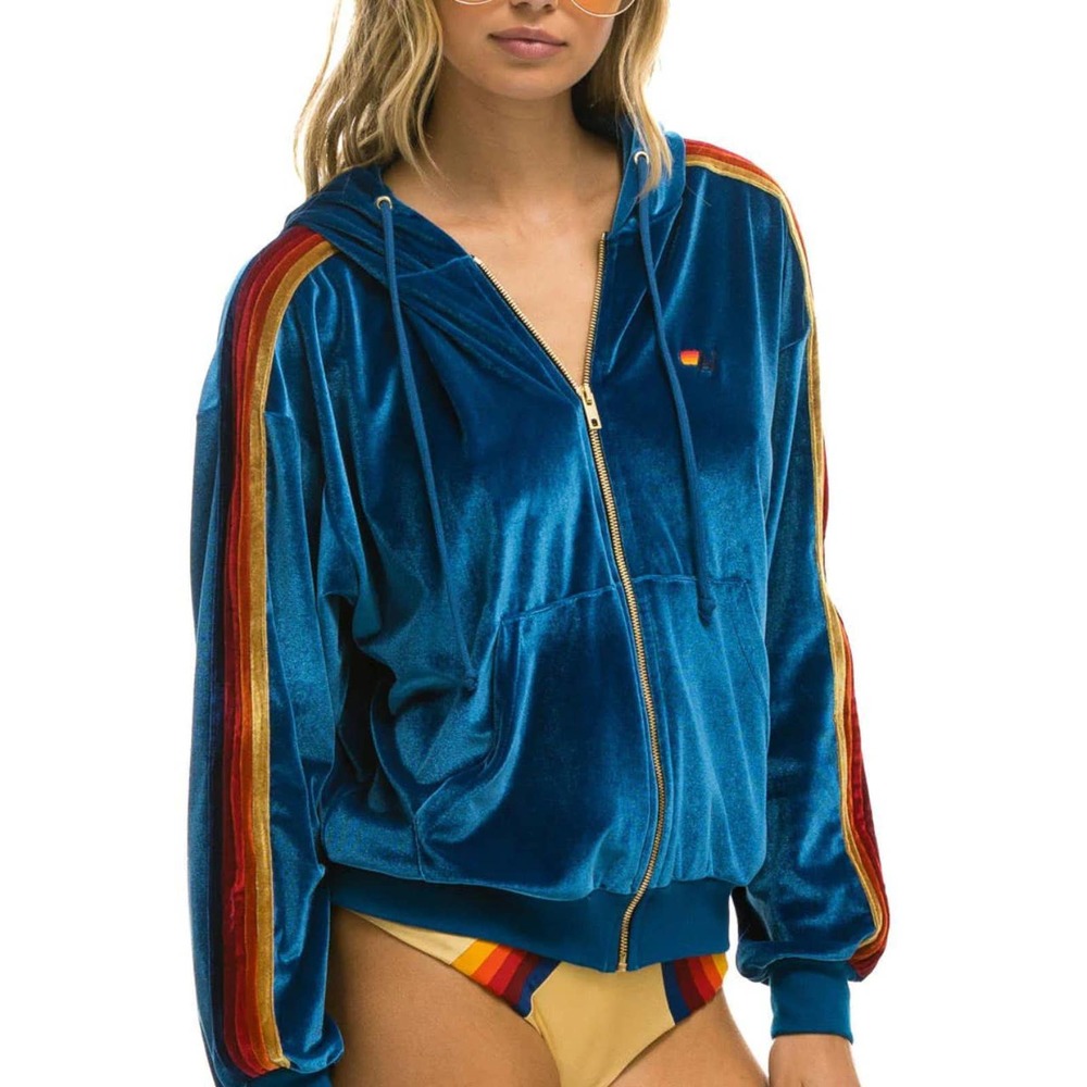 Aviation Nation vintage blue classic velvet relaxed zip hoodie